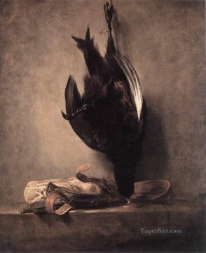 古典的な静物画 Painting - 死んだキジと狩猟袋のある静物画 ジャン・バティスト・シメオン・シャルダン